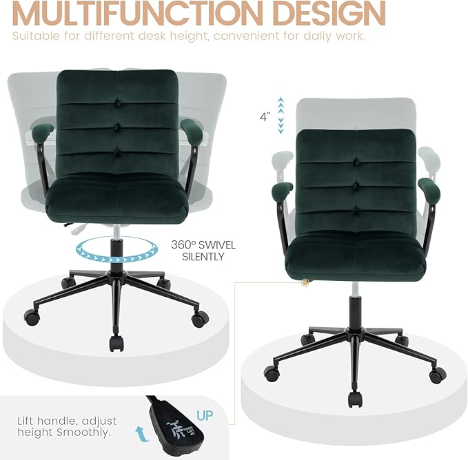 Velvet Home Office Desk Chair, Upholstered Adjustable Swivel Task Chair with Wheels, Tufted Mid-Back Computer Chair with Arms, for Study Living Room Vanity (Dark Green, Black Base)