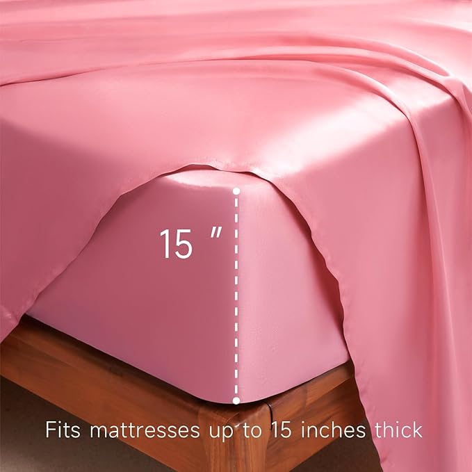 Satin Sheets Queen Size - 4 Pieces Luxury Silky Soft Bed Sheets, Wrinkle-Free Pink Satin Silk Sheet Set with 1 Deep Pocket Fitted Sheet, 1 Flat Sheet, 2 Pillow Cases