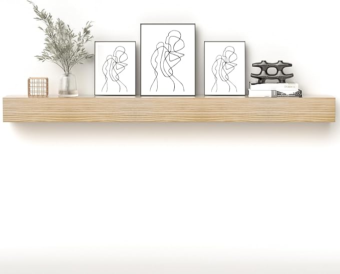 Fireplace Mantel Shelf, 80" Handcrafted Solid Wood Floating Shelf for Over Fireplace - Rustic Farmhouse Wall-Mounted Mantel with Heavy-Duty Hidden Bracket, 80"x8"x6" Natural Finish