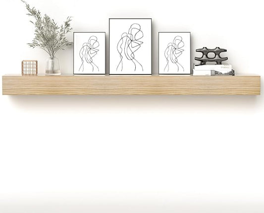 Fireplace Mantel Shelf, 80" Handcrafted Solid Wood Floating Shelf for Over Fireplace - Rustic Farmhouse Wall-Mounted Mantel with Heavy-Duty Hidden Bracket, 80"x8"x6" Natural Finish