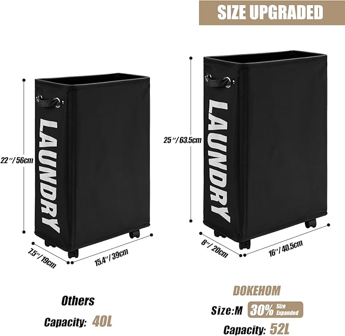 DOKEHOM 25-Inches Slim Laundry Basket on Wheels, Collapsible Rolling Laundry Hamper, Foldable Narrow Corner Clothes Storage Bins (Black)