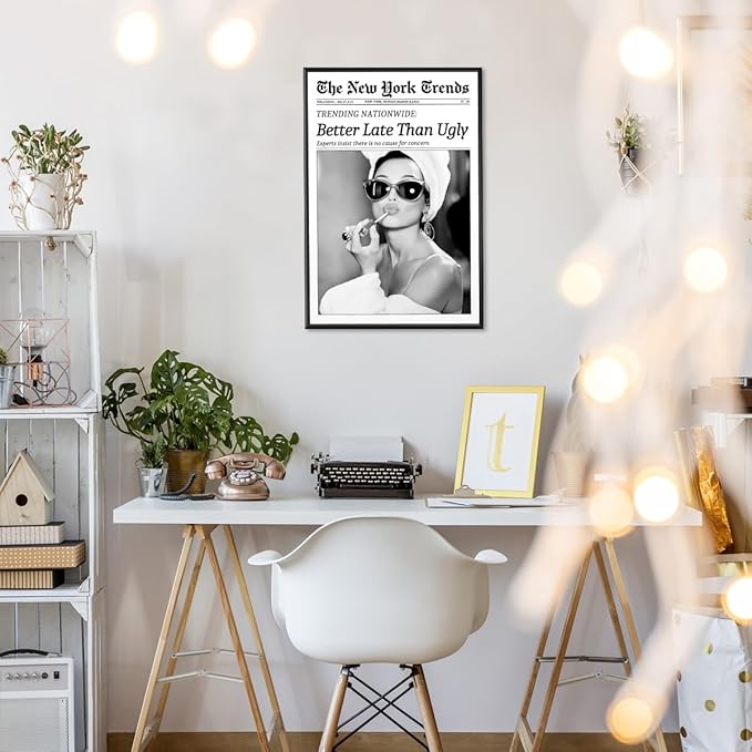 New York Trends Wall Art Black and White Newspaper Better Late Than Ugly Poster Canvas Prints Funky Feminist Posters Trendy College Wall Decor for Bar Cart Girl Dorm Room Bathroom Decorative 12x16inch black framed