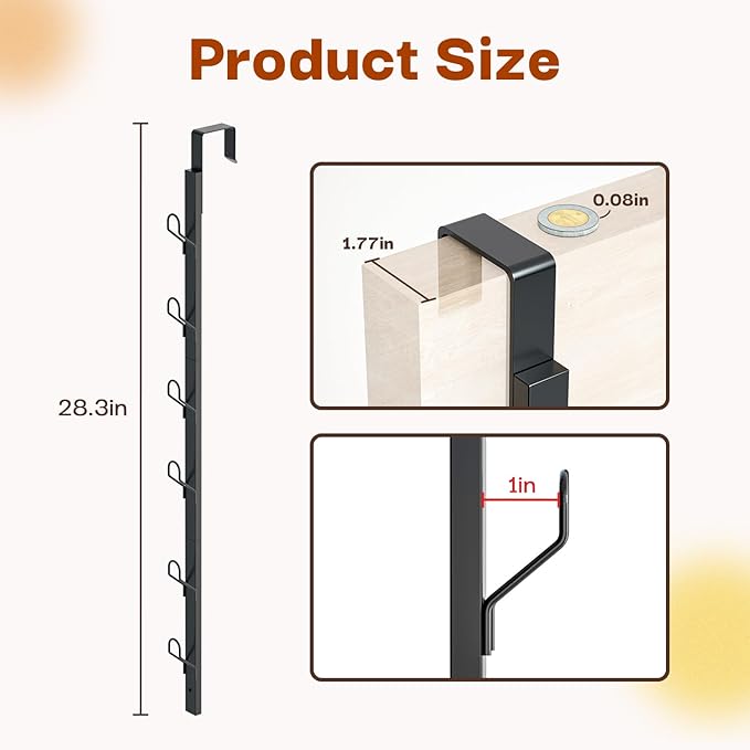 Over The Door Hooks Long with 6 Hooks, Behind The Door Towel Racks for Bathroom, Door Purse Bag Coat Robe Hanger, Hat Clothes Hanging Organizer with Non-Slip Pads & Suction Cups, 28.3 Inches, Black