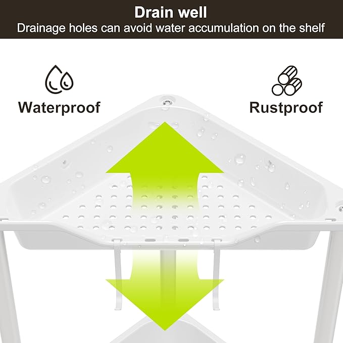 Orimade Rustproof 2 Tier Floor Standing Corner Shower Caddy Organizer, Plastic Metal Splicing Floor Corner Shelf Rack Stands for Bathroom, White