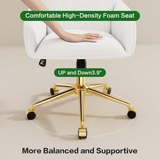 Home Office Desk Chair Comfy with Adjustable Swivel Wheels, Modern Velvet Makeup Vanity Chair with Back & Pillow, Ergonomic Office Chair Computer Task Chair for Living Room, Bedroom, White