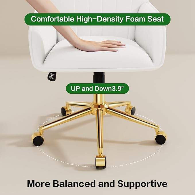Home Office Desk Chair Comfy with Adjustable Swivel Wheels, Modern Velvet Makeup Vanity Chair with Back & Pillow, Ergonomic Office Chair Computer Task Chair for Living Room, Bedroom, White
