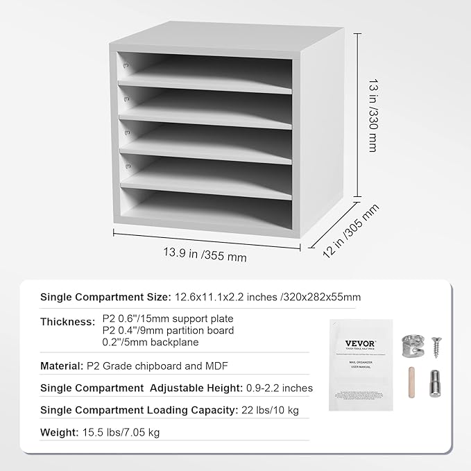 VEVOR Literature Organizers, 5 Compartments Office Mailbox with Adjustable Shelves, Wood Literature Sorter 13.9x12x13 inches for Office, Home, Classroom, Mailrooms Organization, EPA Certified, White