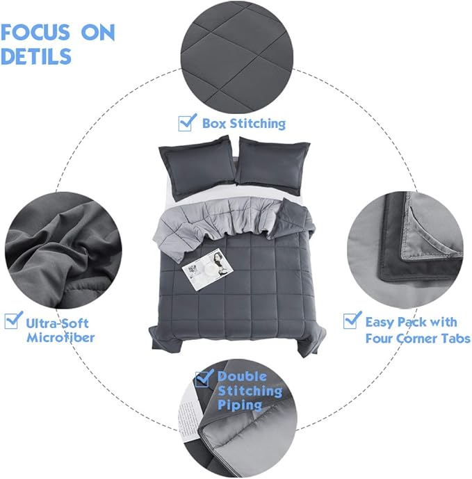 HIG 3pc Grey King Size Comforter Set - All Season Reversible Down Alternative Comforter with Two Shams - Quilted Duvet Insert with Corner Tabs - Box Stitched Blanket - Breathable, Soft