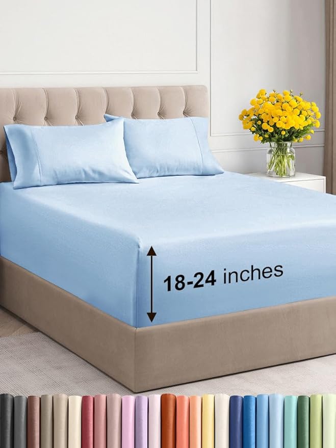 Extra Deep Twin XL Sheet Set - 4 Piece Breathable and Cooling Sheets - Hotel Luxury Bed Sheets Set - Easy Fit - Soft, Wrinkle Free and Comfy Sheets Set - Light Blue Sheet Set with Extra Deep Pockets