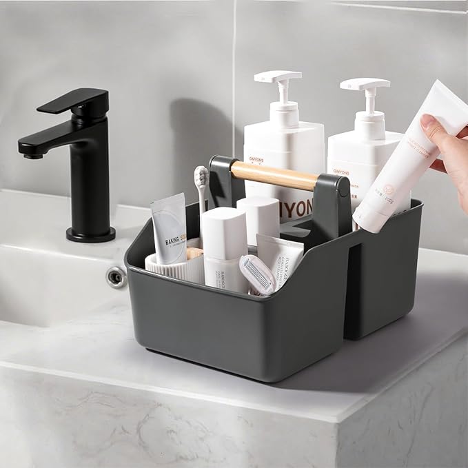 rejomiik Portable Shower Caddy Basket with Bamboo Handle, Plastic Cleaning Caddy Bathroom Organizer Tote for College Dorm Essentials, Bath Toy Storage, Dark Gray