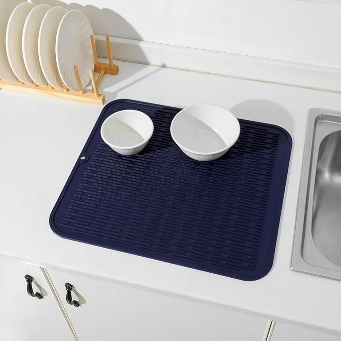 Silicone Dish Drying Mat for Multiple Usage,Easy clean,Eco-friendly,Heat-resistant Silicone Mat for Kitchen Counter or Sink,Refrigerator or Drawer Liner Navy Blue XL 18 inches x 16 inches