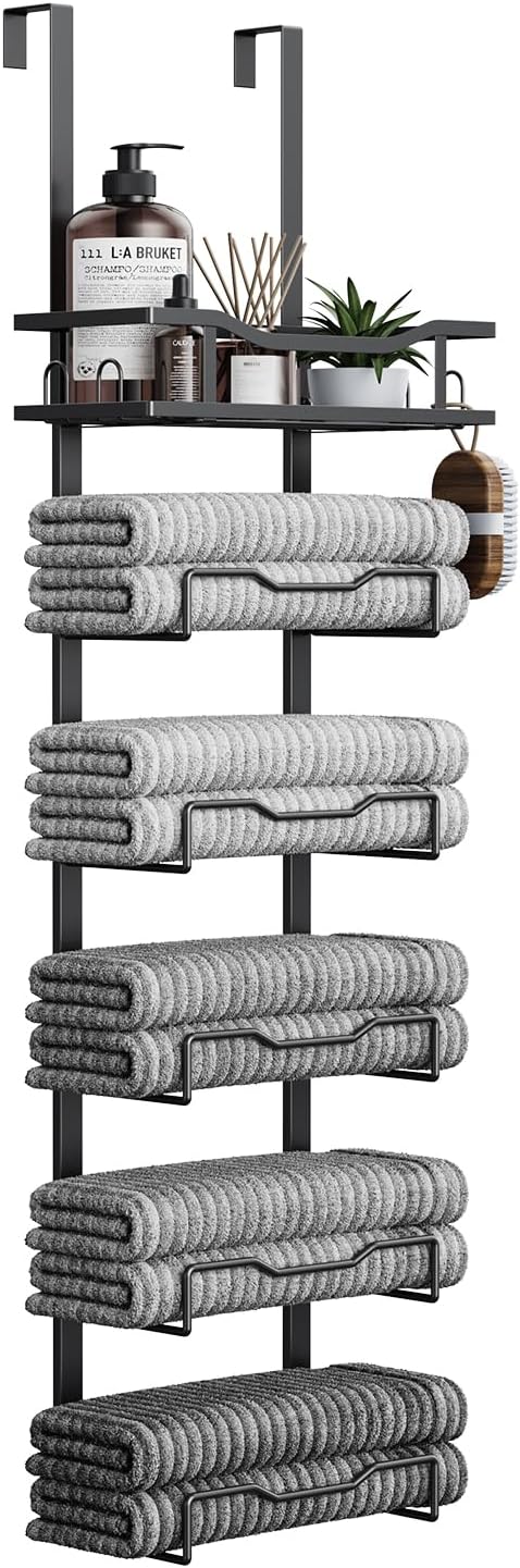 Hanging Towel Racks for Bathroom No Drill - 6-Tier Over The Door Bath Towel Storage Organizer for Small Bathrooms - Tiered Back of Door Towel Holder Hanger for Rolled Towels RV Camper Black