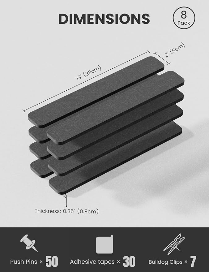 Cork Board Alternative Felt Strip Board 8-Pack 13"x2", Office Pin Board with 50 Push Pins, Adhesive Install for Bedroom Door & Home Office(Charcoal Gray)
