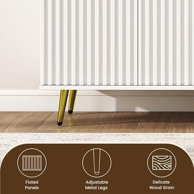 COCO DESIGN 61" Buffet Sideboard with Fluted Panel Doors, Power Outlet & Adjustable Shelves, Storage Cabinet with Metal Legs, Modern Farmhouse Console for Kitchen Dining Living Room Entryway, White