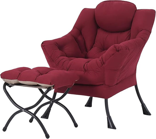 Tiita Lazy Chair with Ottoman, Modern Large Accent Lounge Armchair, Comfy Leisure Sofa Reading Chair with Footrest for Bedroom, Living Room, Dorm Rooms, Garden and Courtyard, Wine red