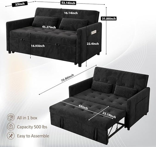 Sofa Bed, Loveseat 3-in-1 Sleeper Sofa with Pull Out Bed, Pockets and USB, Modern 2 Seater Convertible Small Couch for Living Room Bedroom Apartment (Black, Corduroy)