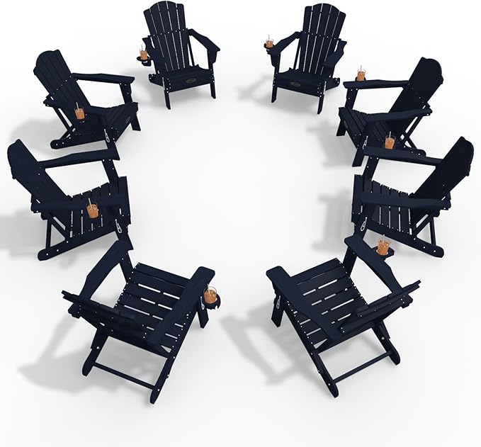 Adirondack Chair Set of 8, Folding All-Weather Outdoor HDPE Patio Chair with Cup Holder, Navy Blue