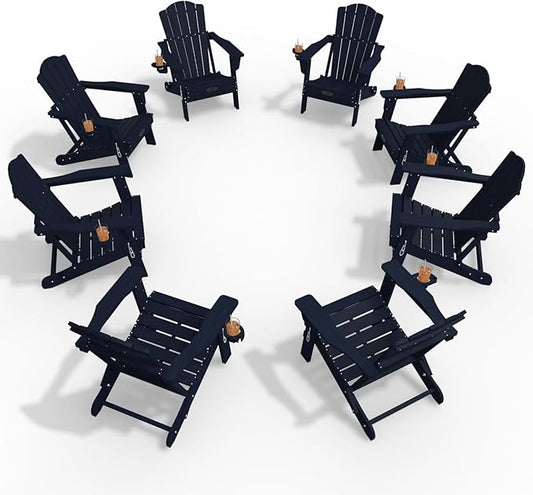 Adirondack Chair Set of 8, Folding All-Weather Outdoor HDPE Patio Chair with Cup Holder, Navy Blue