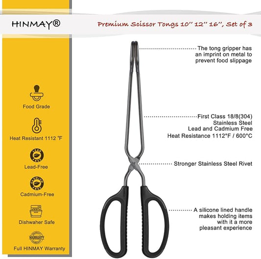 10" 12" 16" Stainless Steel Kitchen Tongs Set, Non-Slip Comfortable Grip Scissor Tongs for Cooking, Grilling & Serving, Set of 3
