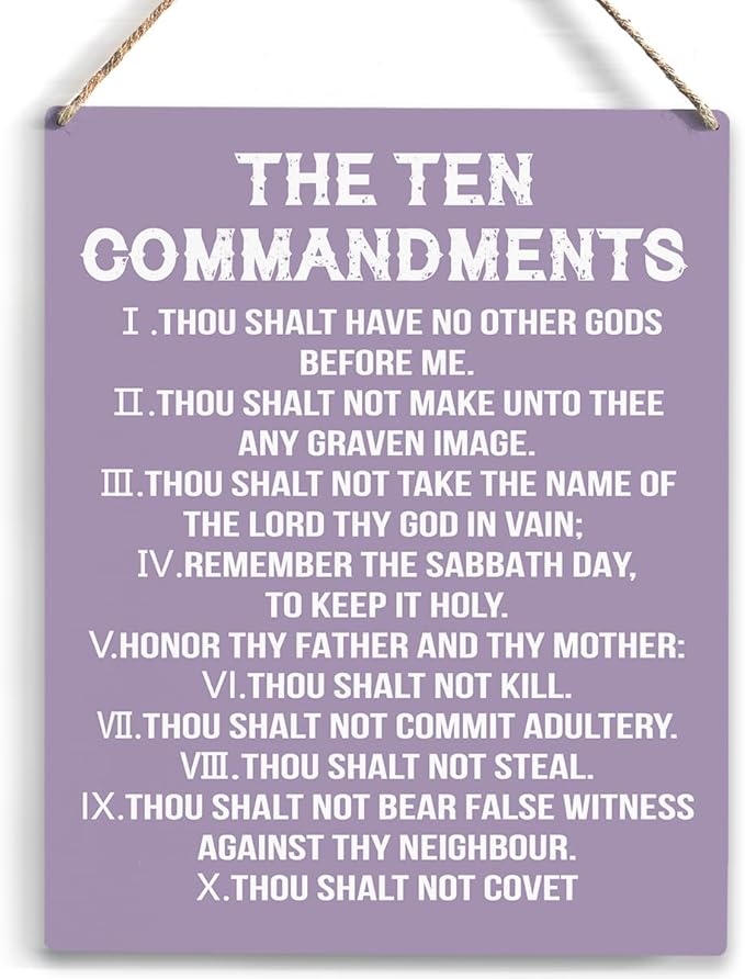 YCYD Ten Commandments Decor,10 Commandments Desk Poster, Christian Bible Verse Decor Religious Home Rustic Wooden Box Sign for Living Room Bedroom Office 10 x 8 Inches Purple