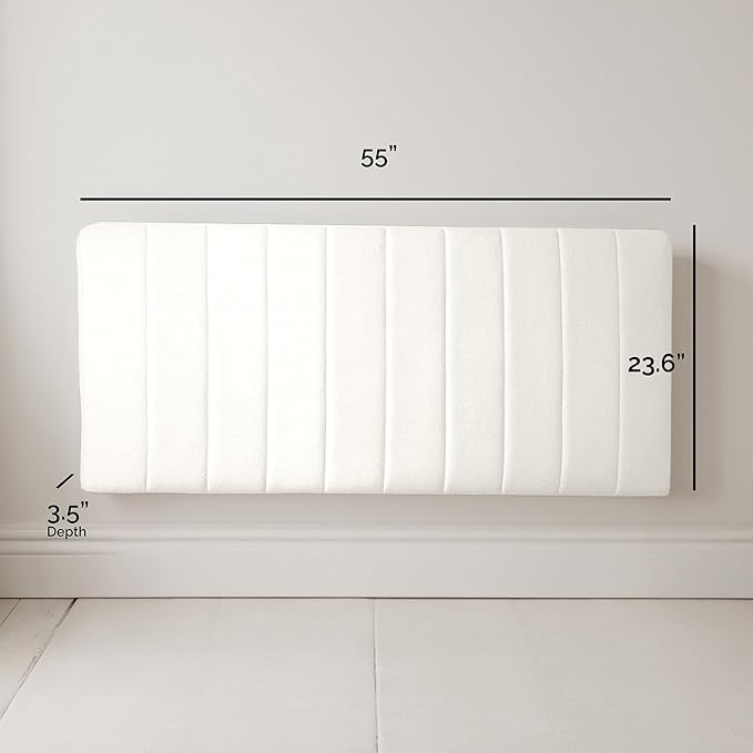 Hearth & Harbor Upholstered Full Headboard - Easy Assemble Channel Stitched Headboard Full Size - Wall Mounted Headboards with 3D Soundproof Wall Panels Peel & Stick Floating Headboards, Off White