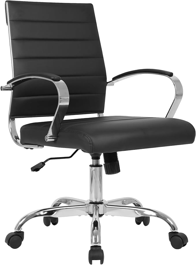 LANDSUN Home Office Chair Mid Back Desk Chair PU Leather Ribbed Executive Swivel Computer Chair with Wheels and Armrests Soft Padded Adjustable Height Conference Task Black