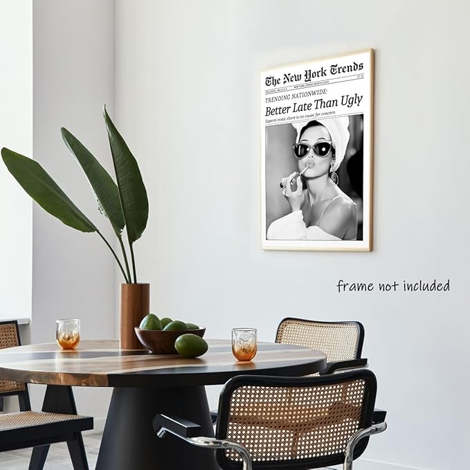 New York Trends Wall Art Black and White Newspaper Better Late Than Ugly Poster Canvas Prints Funky Feminist Posters Trendy College Wall Decor for Bar Cart Girl Dorm Room Bathroom Decorative 24x36inch Unframed