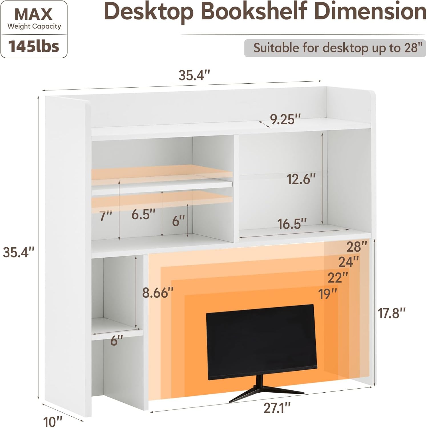 Desktop bookshelf with dimensions and capacity details on a white background