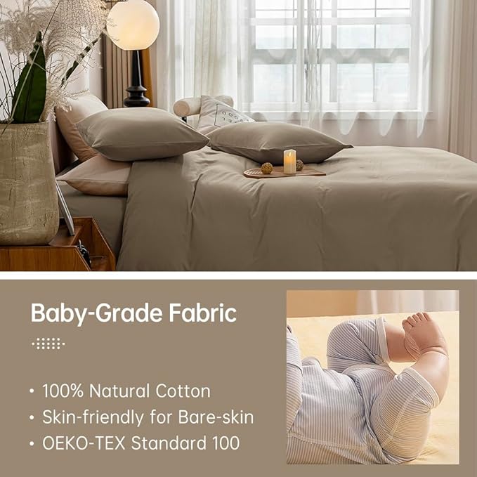 JELLYMONI Khaki Duvet Cover Full Size - 100% Washed Cotton Linen Feel Textured Comforter Cover, 3 Pieces Breathable Soft Bedding Set with Zipper Closure (Khaki, Full 80"x90")