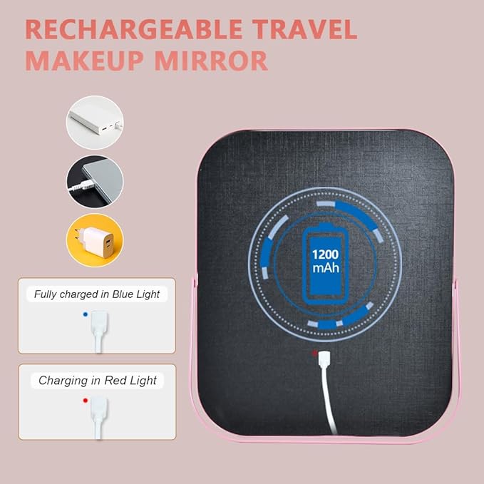 Pink Rechargeable Vanity Mirror with Lights, LED Makeup Mirror, 10"×8" Lighted Makeup Mirror with Lights, Smart Touch Control Dimmable 3 Modes Light, Lighted Up Mirror for Makeup Desk, Bedroom