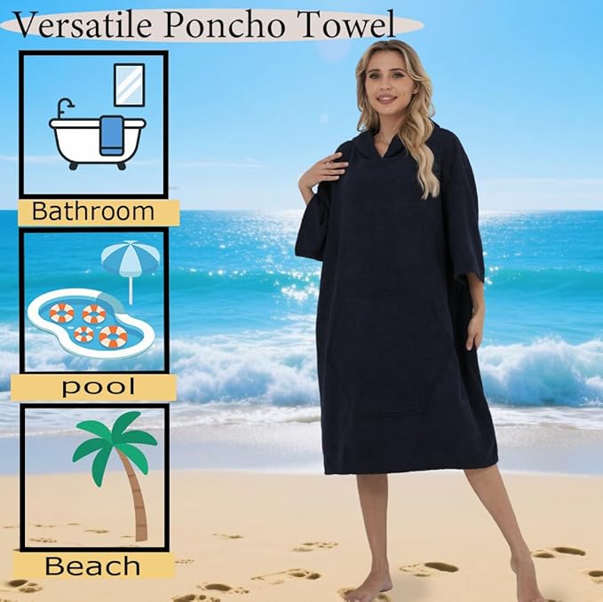 Surf Poncho Hooded Beach Towel, Quick Dry Terry Cloth, Extra Large Changing Robe with Pockets for Adults, Unisex Navy Blue Cover-Up for Swim, Bath, Beach, Gift for Swimmer Lovers