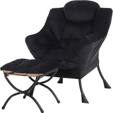 Tiita Lazy Chair with Ottoman, Modern Large Accent Lounge Armchair, Comfy Leisure Sofa Reading Chair with Footrest for Bedroom, Living Room, Dorm Rooms, Garden and Courtyard, Velvet Black