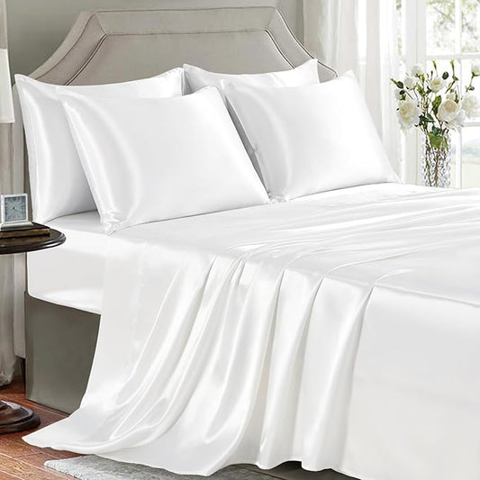 Satin Sheets Queen Size - 6 Pieces Luxury Silky Soft Bed Sheets, Wrinkle-Free White Satin Silk Sheet Set with 1 Deep Pocket Fitted Sheet, 1 Flat Sheet, 4 Pillow Cases