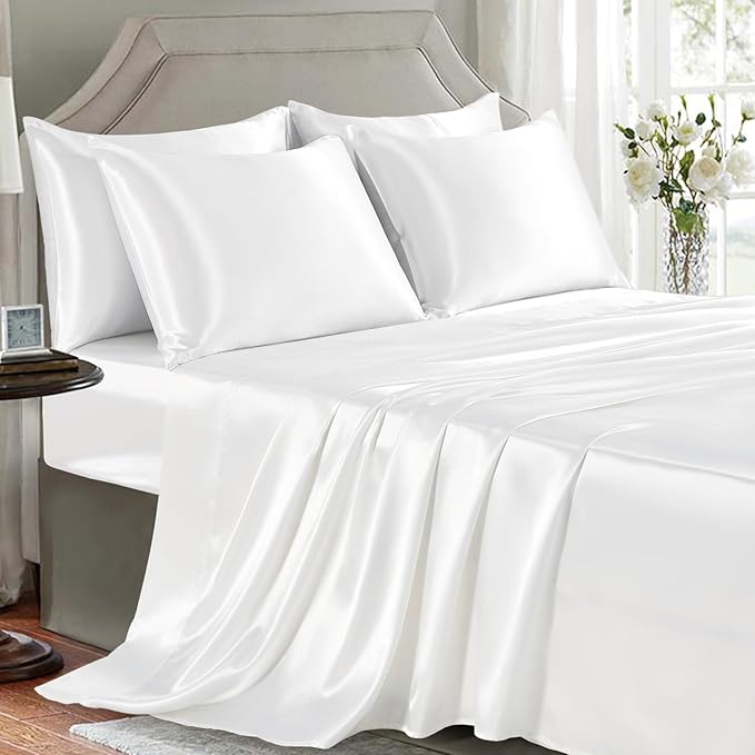 Satin Sheets King Size - 6 Pieces Luxury Silky Soft Bed Sheets, Wrinkle-Free White Satin Silk Sheet Set with 1 Deep Pocket Fitted Sheet, 1 Flat Sheet, 4 Pillow Cases