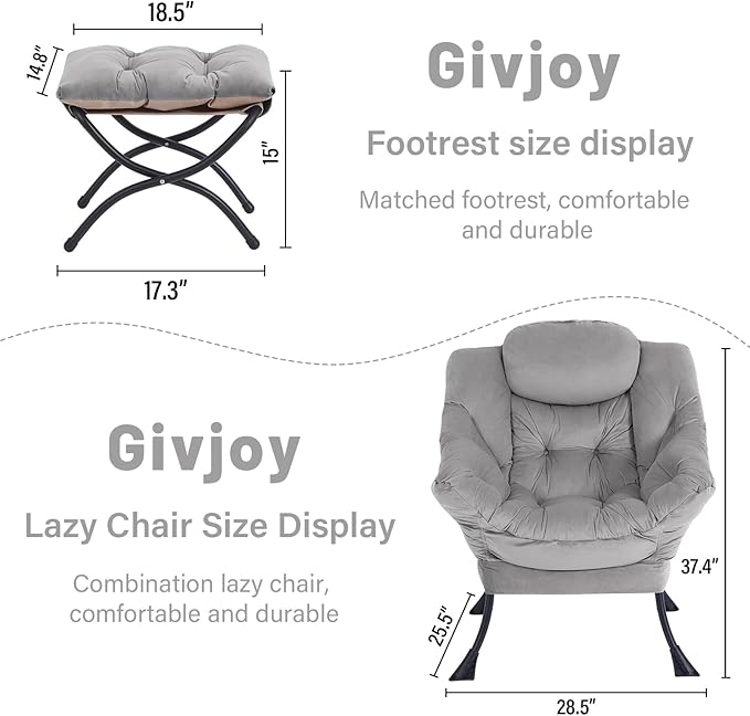Cozy Lazy Chair and Ottoman, Large Contemporary Accent Lounge Chair Set, Leisure Upholstered Reading Armchair for Bedroom, Living Room, Dorm Rooms, Office
