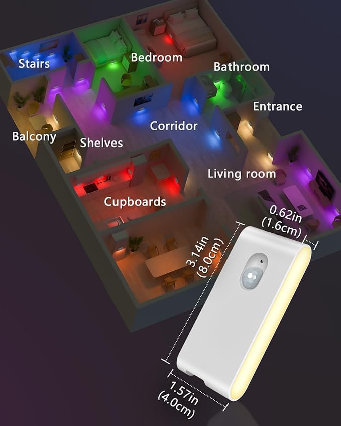 WILLED Motion Sensor Lights Indoor,RGB & Warm White Motion Sensor Night Light,Wireless Color Changing Stair Lights Indoor for Kids' Room,Stair,Bathroom,Hallway,Kitchen,Bedroom,Closet,Cabinet 8PC