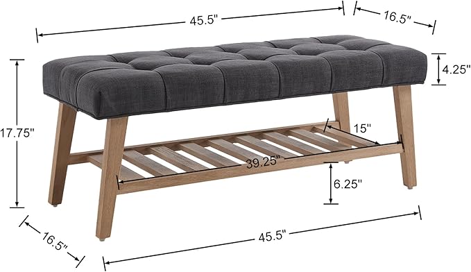 Kmax Entryway Bench with Shoe Storage, Fabric Upholstered Tufted Wood Storage Bench for Living Room Window Bench for Bedroom End of Bed - Linen, Charcoal