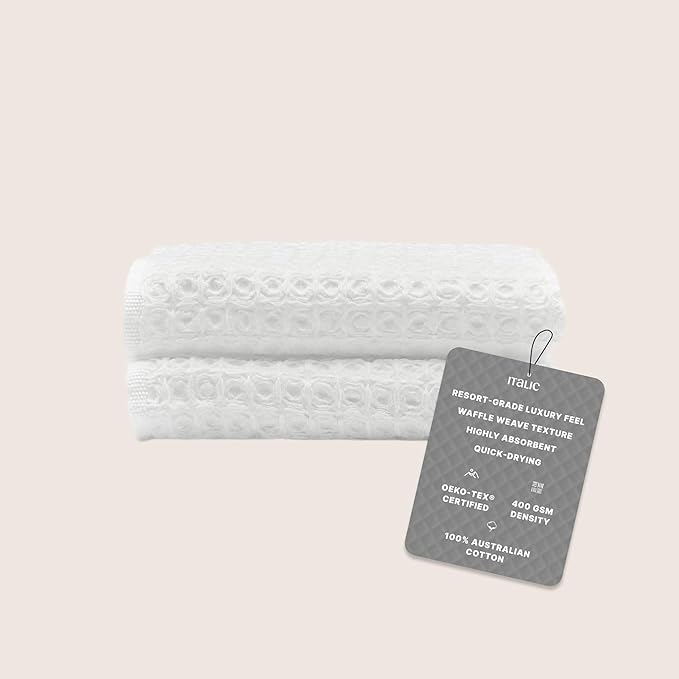 Italic Sedona Waffle Washcloths, 410 GSM 100% Cotton, Set of 2, Soft Textured Face Towels, Quick-Drying & Gentle, White
