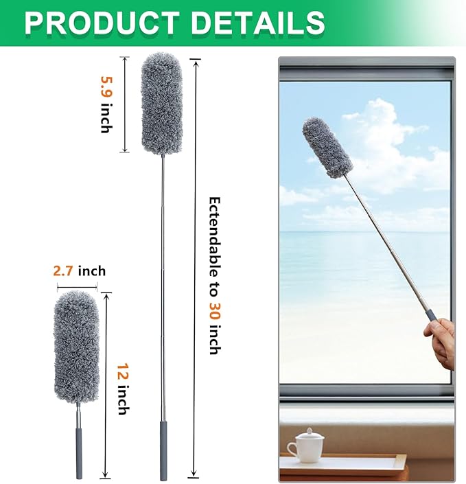 2 Pack Microfiber Feather Duster for Cleaning, Hand Washable Dusters with Extendable Pole, Cleaning Tools for Office, Car, Window, Furniture, Ceiling Fan