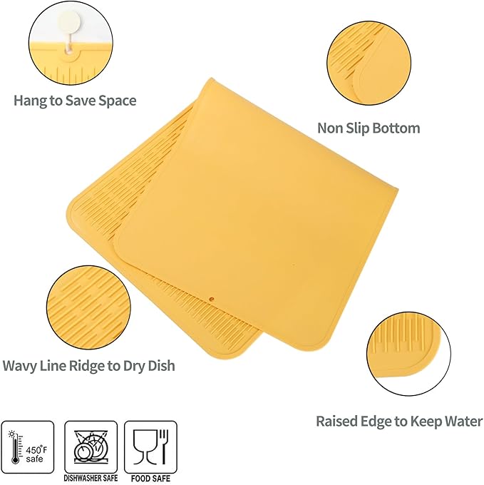 Silicone Dish Drying Mat for Multiple Usage,Easy clean,Eco-friendly,Heat-resistant Silicone Mat for Kitchen Counter or Sink,Refrigerator or Drawer Liner Yellow 5XL 36inches x 18inches
