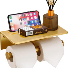 Double Toilet Paper Holder with Shelf, Commercial Toilet Paper Roll Dispenser Wall Mount with Cell Phone Storage Rack, Aluminium Fits Mega Roll Dual Toilet Paper Tissue Holder Brushed Gold