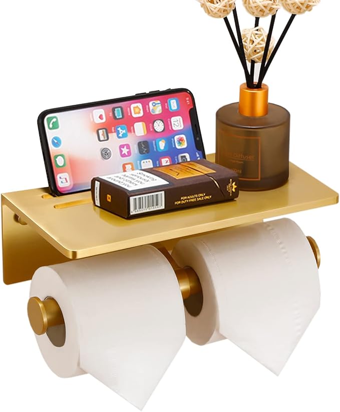 Double Toilet Paper Holder with Shelf, Commercial Toilet Paper Roll Dispenser Wall Mount with Cell Phone Storage Rack, Aluminium Fits Mega Roll Dual Toilet Paper Tissue Holder Brushed Gold