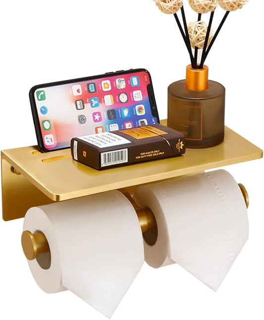 Double Toilet Paper Holder with Shelf, Commercial Toilet Paper Roll Dispenser Wall Mount with Cell Phone Storage Rack, Aluminium Fits Mega Roll Dual Toilet Paper Tissue Holder Brushed Gold