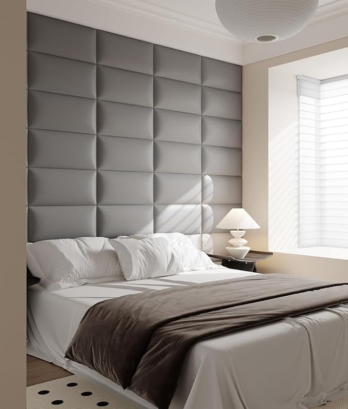 Wall-Mounted Upholstered Headboard Panels, 24x12 Inches, Light Grey Imitation Leather, Pack of 6 – DIY Soundproof Accent Wall Panels, Anti-Collision Padding, Easy to Clean, Modern Bedroom Décor