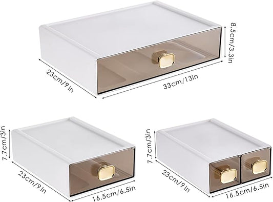 2 PACK Desk Organizer with Drawer Stackable Storage Drawer Small Desktop Drawer Plastic Clear Desk Organization Storage Box for Accessories, Markers, Clips, Cables (White,M-2 Drawer,Pack of 2)