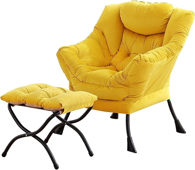 Lazy Chair and Ottoman, Large Accent Lounge Chair with Armrests and a Side Pocket, Modern Leisure Upholstered Sofa Reading Armchair with Footrest for Bedroom, Living Room, Dorm Rooms, Office