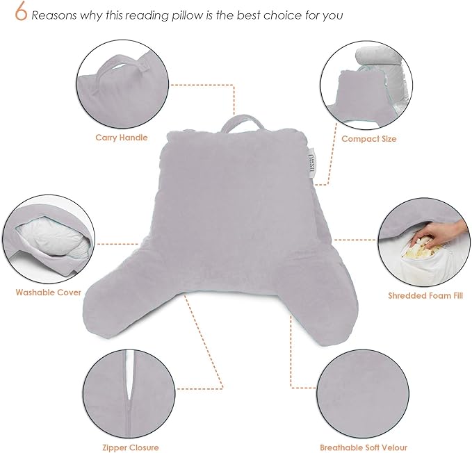 Nestl Reading Pillow with Shredded Memory Foam, Designed for Sitting Up in Bed and Couch, Back and Arms Adjustable Support for Adult & Teens Backrest Pillows for Reading, Washable Cover, Grey Lavender