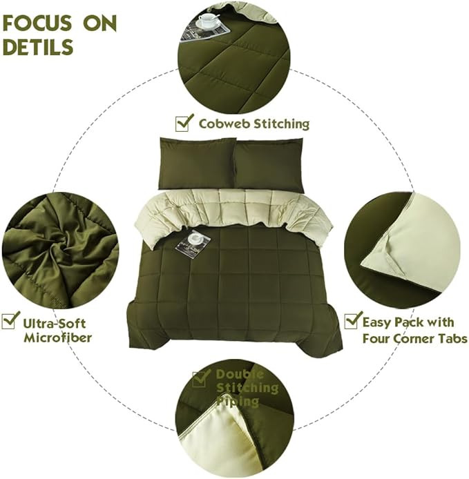 HIG 3pc Olive Green Twin/Twin XL Comforter Set - All Season Reversible Down Alternative Comforter with Sham - Quilted Duvet Insert with Corner Tabs - Box Stitched - Breathable, Soft, Fluffy