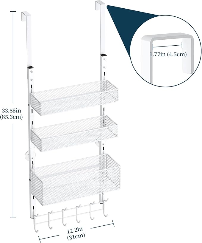 Consumest Over The Door Hooks Organizer - 4 Tier Door Coat Rack with 3 Baskets and 12 Hooks, Stainless Steel Towel Hanger for Bedroom, Bathroom, Living Room, White