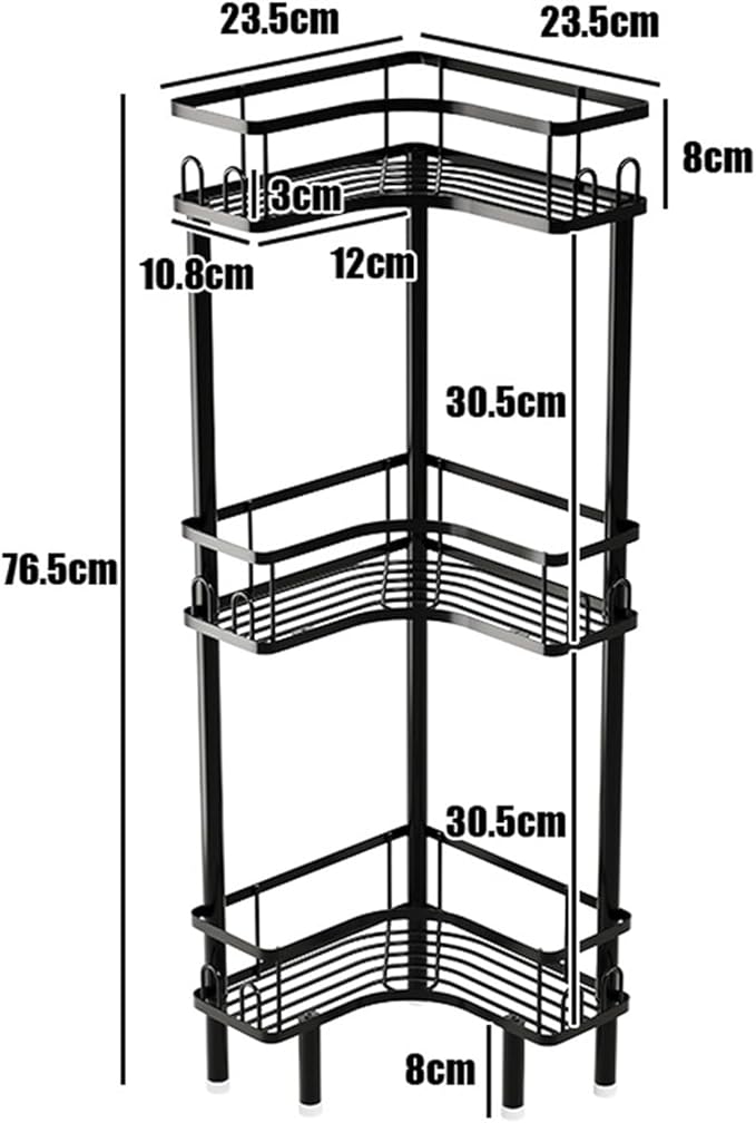 Free Standing 3 Tier Shower Caddy with 4 Hooks on Each Shelf Waterproof Corner Organizer Corner for Bathroom Kitchen Large Capacity Shower Rack(Black)